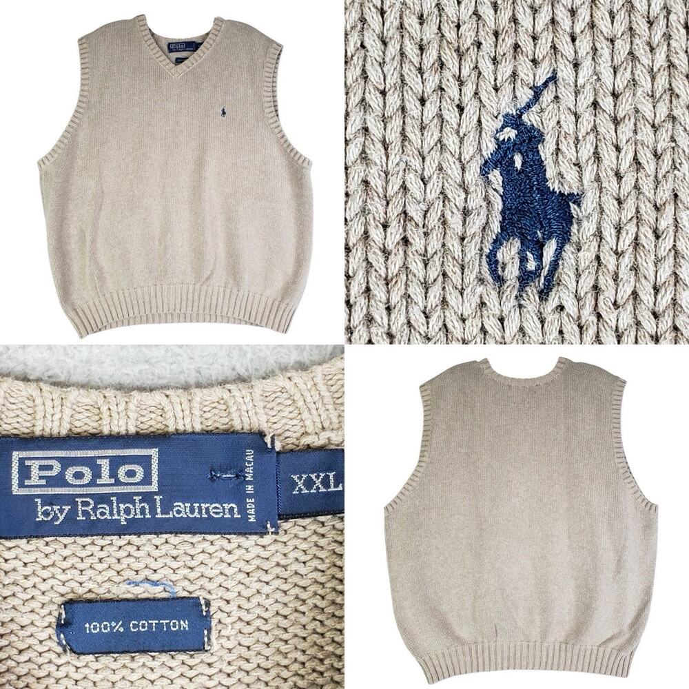 Vintage Polo Ralph Lauren Sweater Vest Mens XXL Taupe Golf 90s Chunky Knit